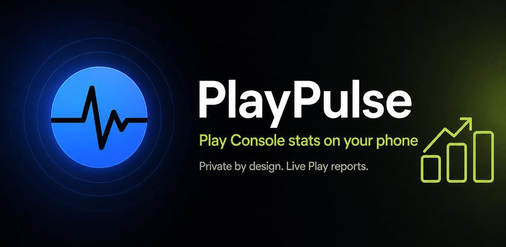 PlayPulse — Play Console stats on your phone. Lime chart icon on dark background.